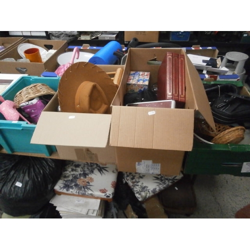 123 - Four boxes inc photo albums, jewellery case, boxing gloves, roller blades, ornaments, etc