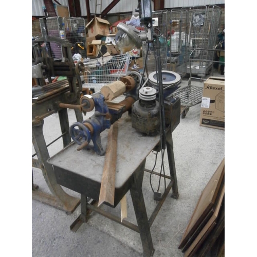 613 - Vintage wood turning lathe on stand