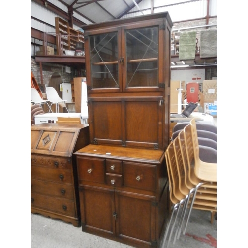 672 - Vintage HYGENA kitchenette with lead glazed upper cabinet, fall front worksurface and 4 drawer doubl... 