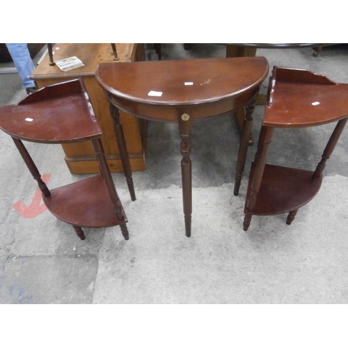 711 - 2 x corner stands and a demi lune table