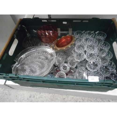 375 - Crate of decorative glassware inc cranberry glass pieces