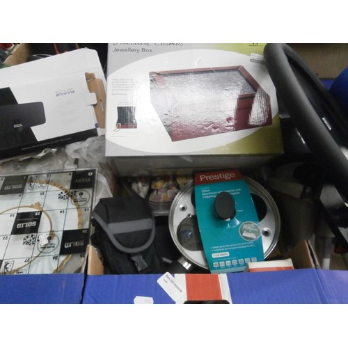 106 - Four boxes inc steering wheel cover, crockery, jewellery box, egg poacher, etc