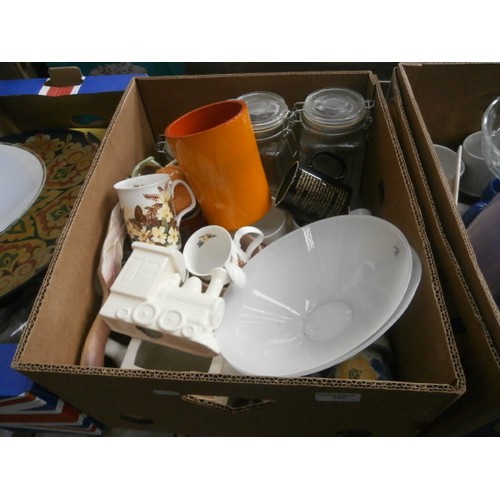 107 - Three boxes inc crockery, glassware, mugs, casserole dish, etc