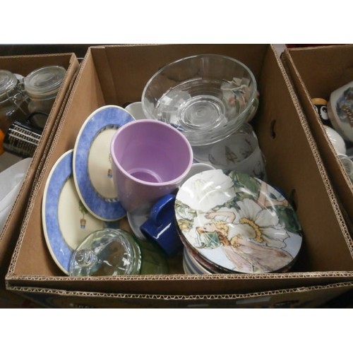 107 - Three boxes inc crockery, glassware, mugs, casserole dish, etc