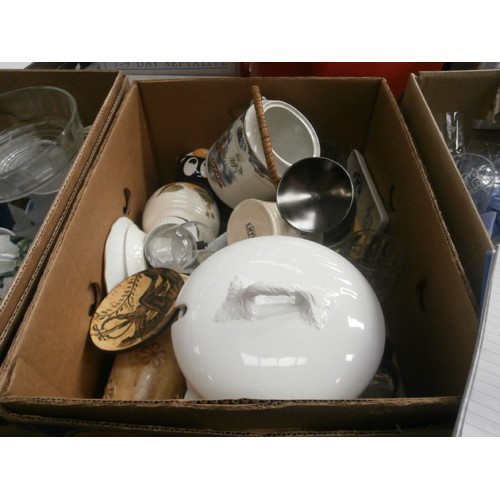 107 - Three boxes inc crockery, glassware, mugs, casserole dish, etc