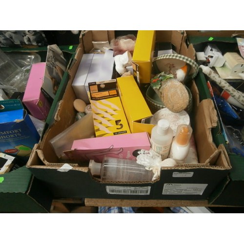 128 - Three boxes inc ladies tights, hair curlers, string lights, cosmetics, ornaments, etc