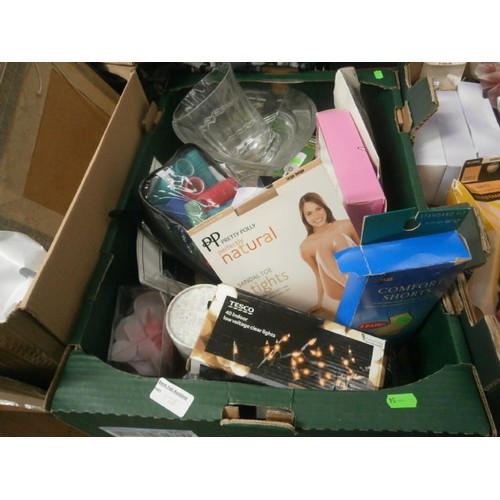 128 - Three boxes inc ladies tights, hair curlers, string lights, cosmetics, ornaments, etc