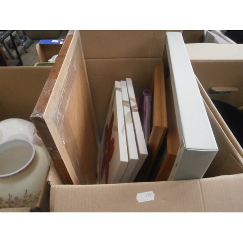 139 - Four boxes inc vases, artwork, bread bin, knife block, etc