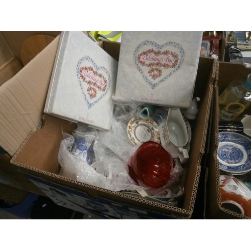 140 - Three boxes inc decorative plates, glassware, vases, stained glass window, etc