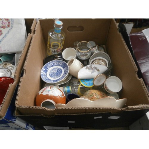 140 - Three boxes inc decorative plates, glassware, vases, stained glass window, etc