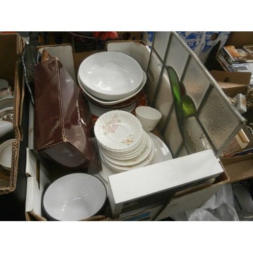 140 - Three boxes inc decorative plates, glassware, vases, stained glass window, etc