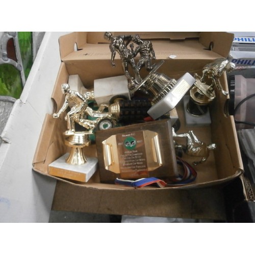 141 - Two boxes inc light bulbs, lamp, battery chargers, sports awards, etc