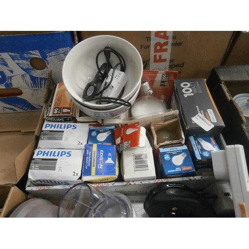 141 - Two boxes inc light bulbs, lamp, battery chargers, sports awards, etc