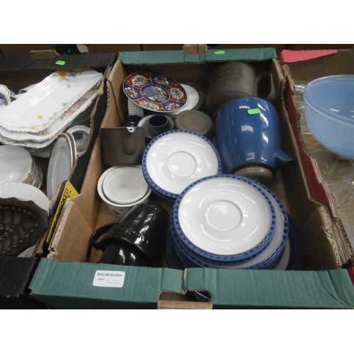 142 - Four boxes inc Denby tableware, Hornsea tableware, glassware, etc