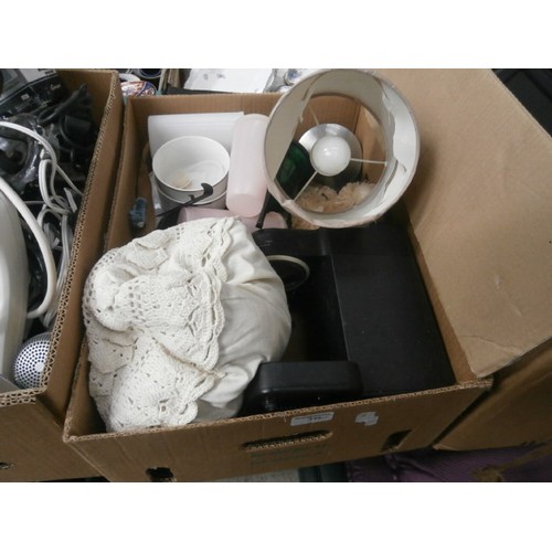 156 - Three boxes inc extension sockets, lampshades, hair shavers, etc