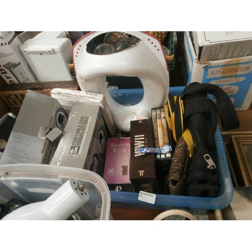 160 - Three boxes inc lamps, flasks, DVDs, portable DVD players, etc