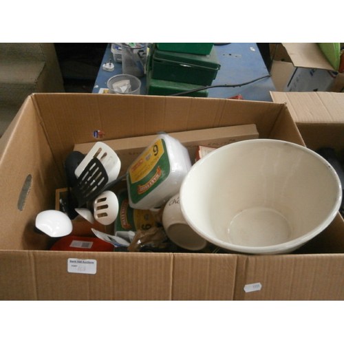 168 - Four boxes inc glassware, kitchen pots and pans, kitchen utensils, decorative plates, etc