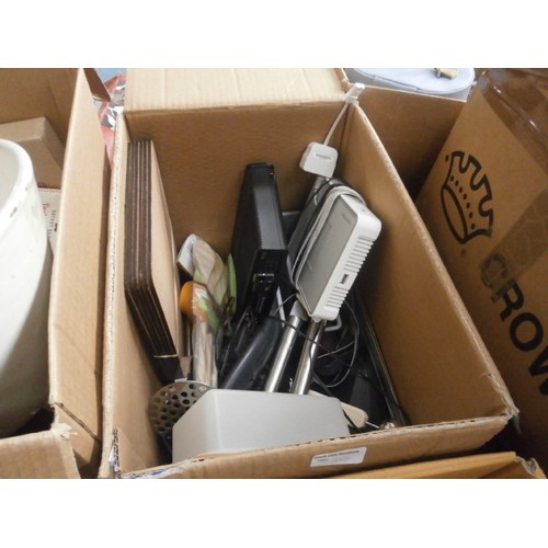 168 - Four boxes inc glassware, kitchen pots and pans, kitchen utensils, decorative plates, etc