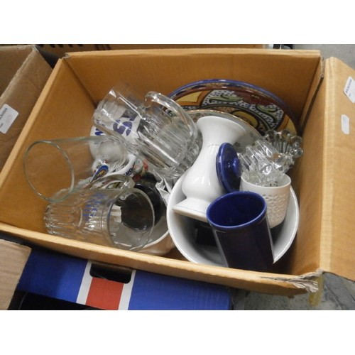 168 - Four boxes inc glassware, kitchen pots and pans, kitchen utensils, decorative plates, etc