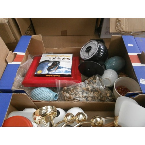 170 - Four boxes inc crockery, storage jars, kitchen scales, Pacific radio, light fitting, etc