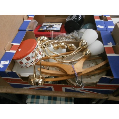 170 - Four boxes inc crockery, storage jars, kitchen scales, Pacific radio, light fitting, etc