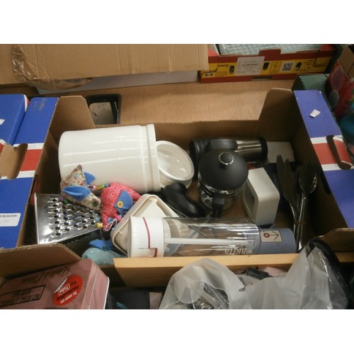 170 - Four boxes inc crockery, storage jars, kitchen scales, Pacific radio, light fitting, etc