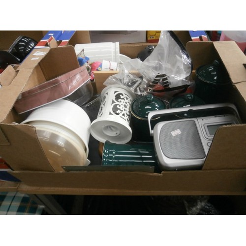 170 - Four boxes inc crockery, storage jars, kitchen scales, Pacific radio, light fitting, etc