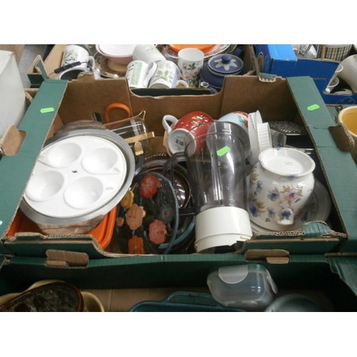 172 - Four boxes inc stoneware dishes, storage tins, glassware, crockery, etc