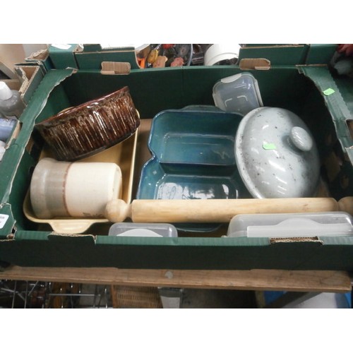 172 - Four boxes inc stoneware dishes, storage tins, glassware, crockery, etc