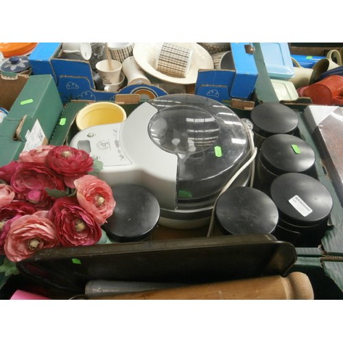 172 - Four boxes inc stoneware dishes, storage tins, glassware, crockery, etc