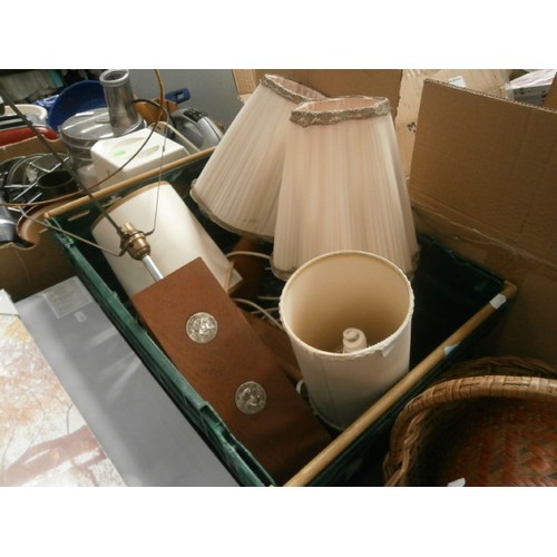 174 - Lot inc retro wooden lamps, basket, woven bin