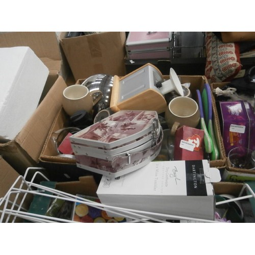 176 - Four boxes inc kitchen scales, glassware, bathroom cabinet, toys, jewellery case, etc