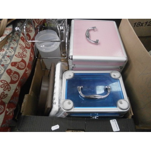 195 - Two boxes inc makeup/jewellery cases, cereal tubs, baking trays, etc