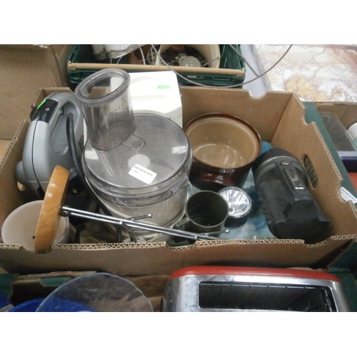 197 - Four boxes inc plastic crockery, toaster, mixers, LED lantern, etc