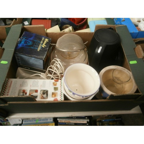 197 - Four boxes inc plastic crockery, toaster, mixers, LED lantern, etc