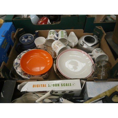 198 - Four boxes inc glassware, crockery, cutlery, mugs, etc