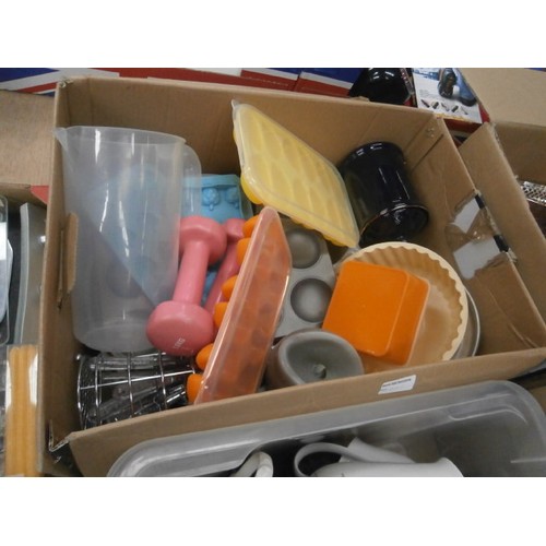 201 - Four boxes inc teapots, storage jars, baking trays, candles, glassware, etc