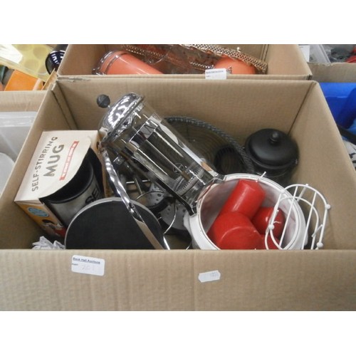 201 - Four boxes inc teapots, storage jars, baking trays, candles, glassware, etc