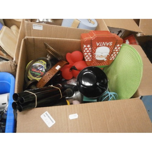 202 - Four boxes inc hair straighteners, jewellery case, tea lights, walking stick, kitchen utensils, etc