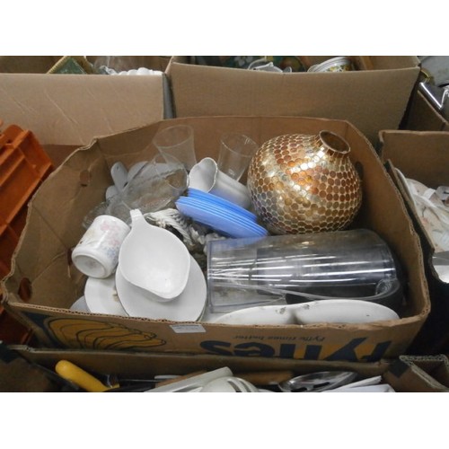 284 - Four boxes inc cutlery, crockery, decanter, bone china saucers, etc