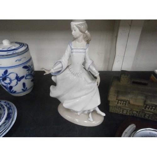 300 - Lot inc horseshoe barometer, Stoneware money box, Two Nao Lladro figurines, one has some finger dama... 