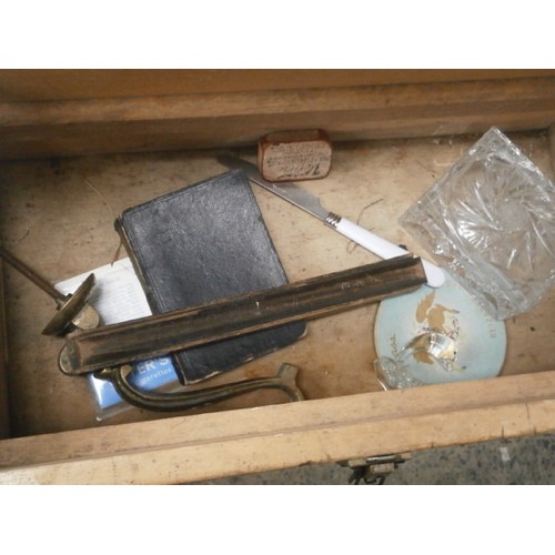 392 - Old wooden storage box containing vintage chopsticks, bible, glass trinket dish, etc