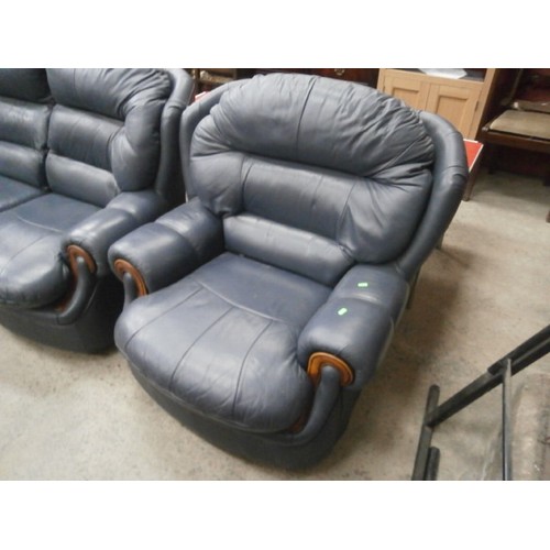 637 - Large blue/grey 3 seater faux leather settee and matching armchair