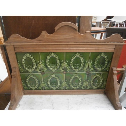 667 - Small marble topped washstand with drawer and tiled upstand - one broken tile