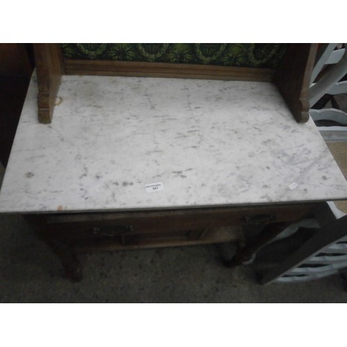 667 - Small marble topped washstand with drawer and tiled upstand - one broken tile