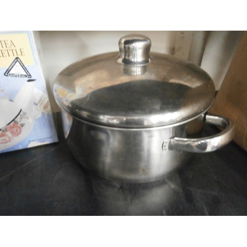 77 - Lot including pans, floral tea kettle and a iron