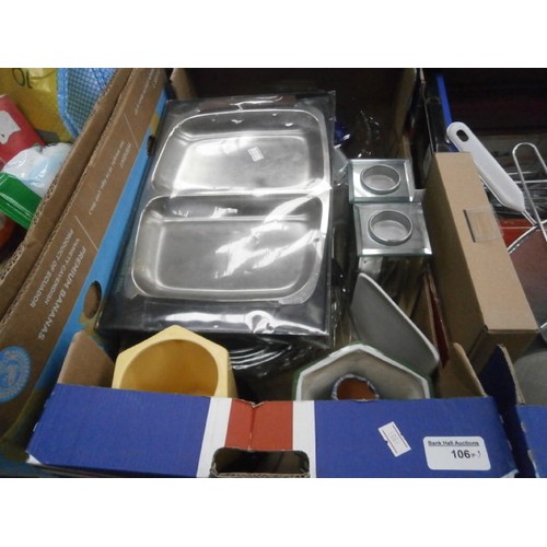 106 - Three boxes containing assorted kitchenware, a projection lamp, picture frames etc