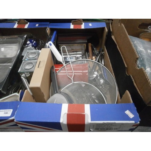 106 - Three boxes containing assorted kitchenware, a projection lamp, picture frames etc