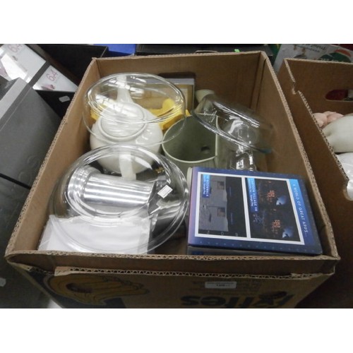 108 - Three boxes including various kitchenware and ornaments, virtual reality headset etc