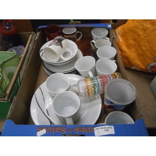 119 - Two boxes including cups and plates etc